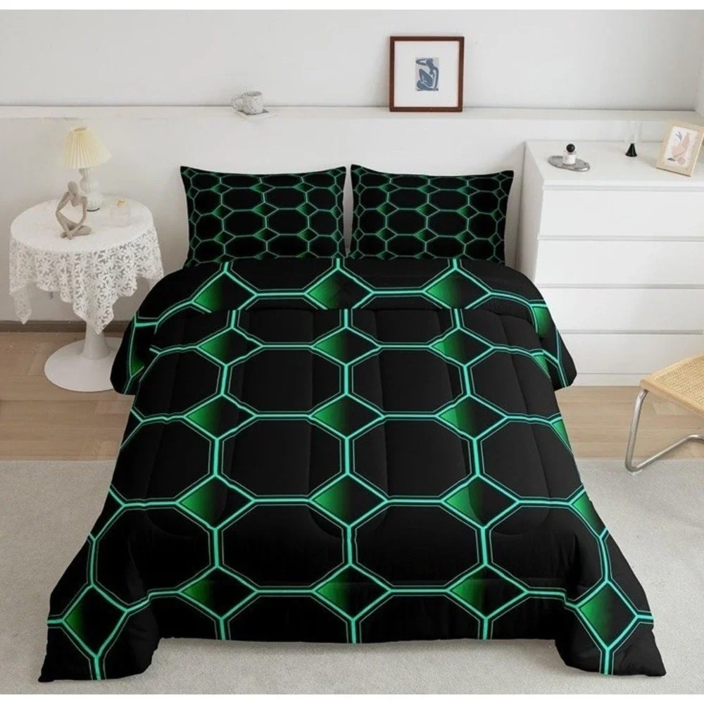 Hexagonal Bedding Set 3D Geometric Honeycomb Comforter Set Green Sz King